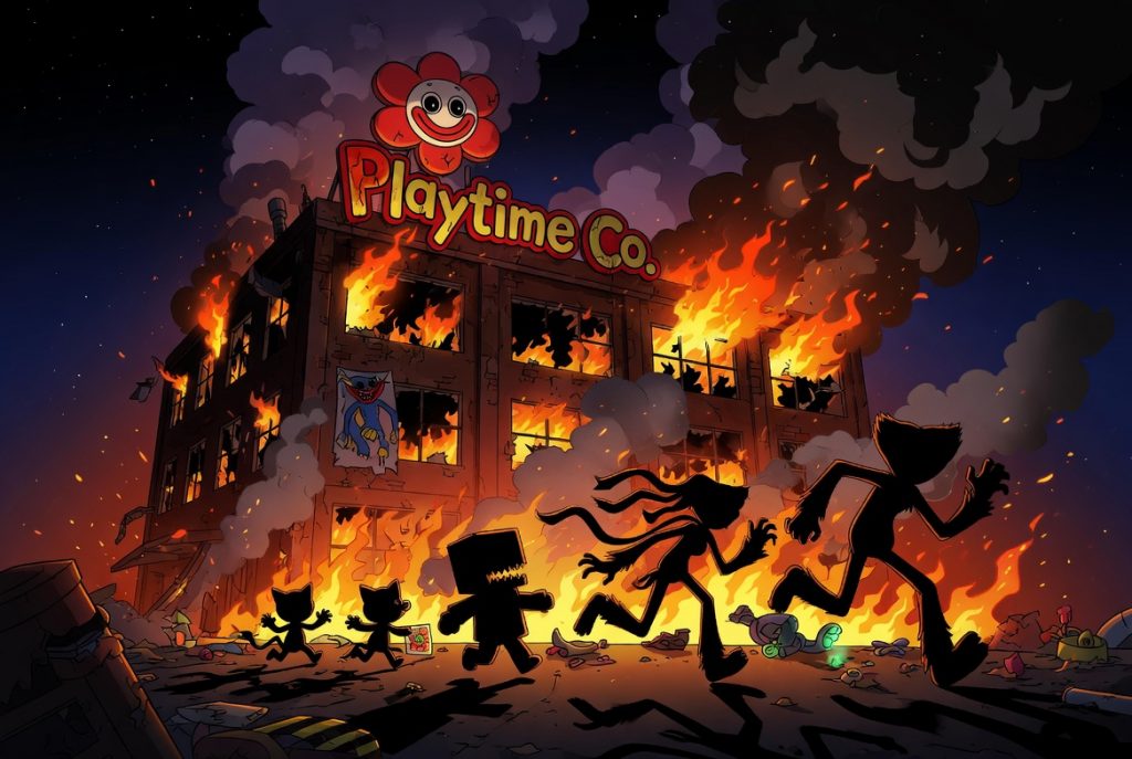 Горящая фабрика Playtime Co, языки пламени вырываются из окон, дым поднимается к ночному небу, на переднем плане силуэты игрушек убегают от огня, драматическое оранжевое и чёрное освещение.