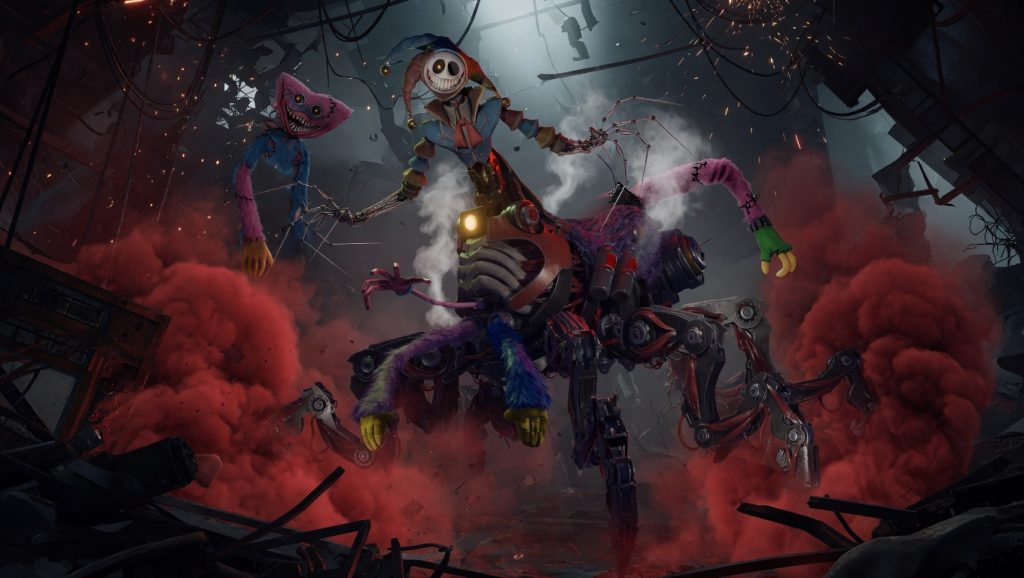 Прототип — гигантское механо-органическое существо с треснувшей фарфоровой маской шута и светящимся механическим глазом, паучьими конечностями и частями других игрушек на теле, возвышается в разрушенном фабричном цеху в облаках красного дыма.