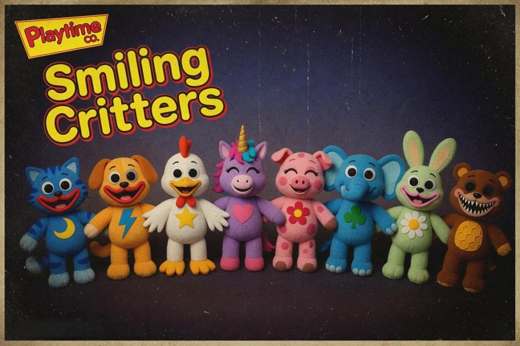 Рекламный постер Smiling Critters: восемь улыбающихся зверят в ярком винтажном стиле 1980-х с логотипом Playtime Co.