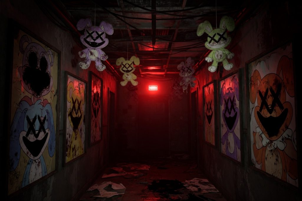 Тёмный коридор с красным светом, на стенах искажённые портреты Smiling Critters, с потолка свисают картонные фигуры.